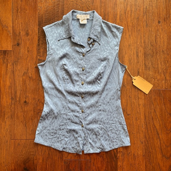 Escada Tops - Vintage Escada Blue Silk Cheetah Sleeveless Button Down Top | Size 36